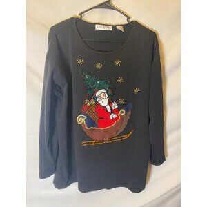 Chaus Womens Holiday Christmas Shirt Black Size Large 14 Santa Claus long sleeve